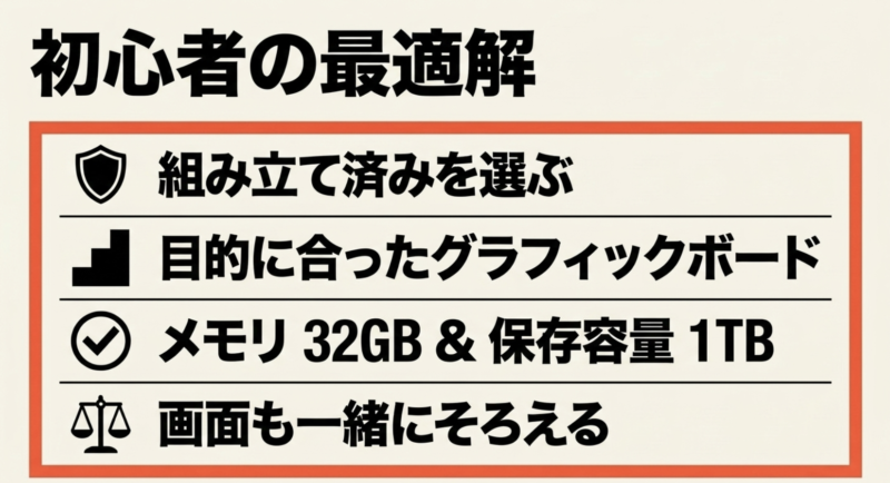 初心者の最適解。組み立て済みを選ぶ、目的に合ったグラフィックボード、メモリ32GBと保存容量1TB、画面も一緒にそろえる