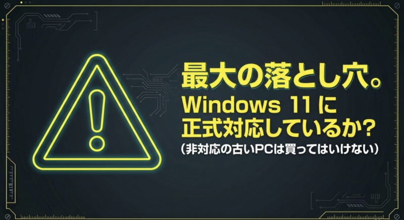 中古PC選びの最大の落とし穴である、Windows 11正式対応の確認を促す図解