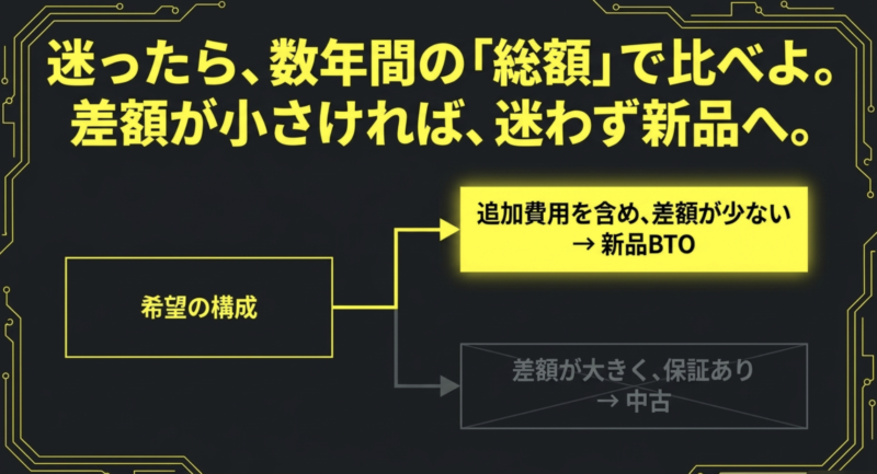 追加費用を含め差額が少ないなら新品BTO、差額が大きく保証があるなら中古を選ぶ判断基準の図解
