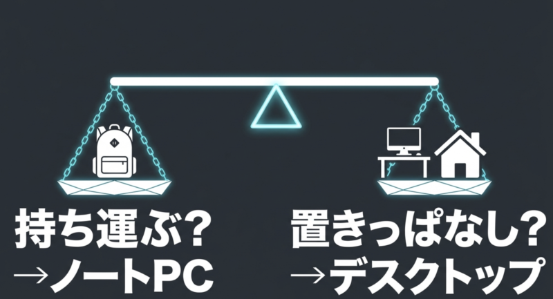 持ち運ぶならノートPC、置きっぱなしならデスクトップを選ぶという図解