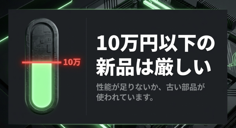 10万円以下の新品は厳しい。性能が足りないか、古い部品が使われています。