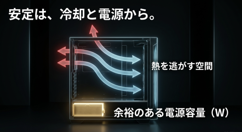 安定は冷却と電源から。熱を逃がす空間と余裕のある電源容量が必要。