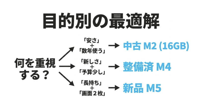 安さ重視の中古M2、コスパ重視の整備済M4、長持ち重視の新品M5という目的別の最適解