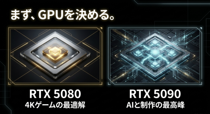 まずGPUを決める。RTX 5080は4Kゲームの最適解、RTX 5090はAIと制作の最高峰。