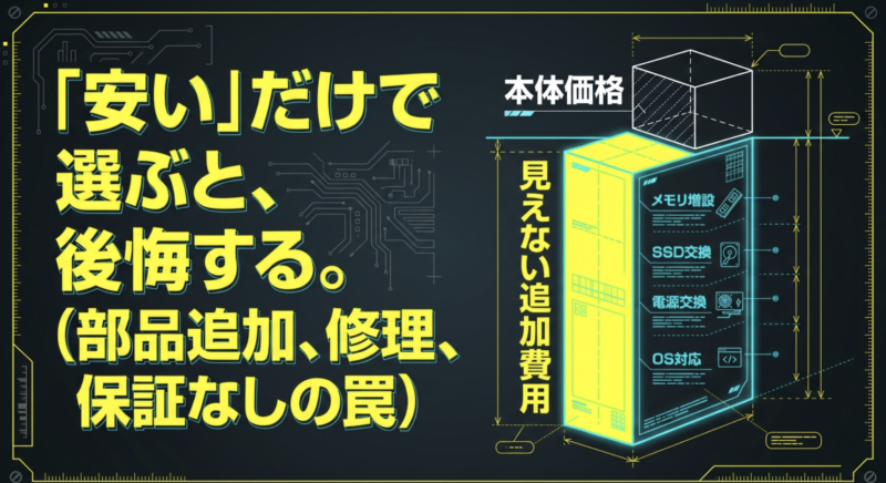 メモリ増設やSSD交換など、安い中古PCに潜む見えない追加費用の図解