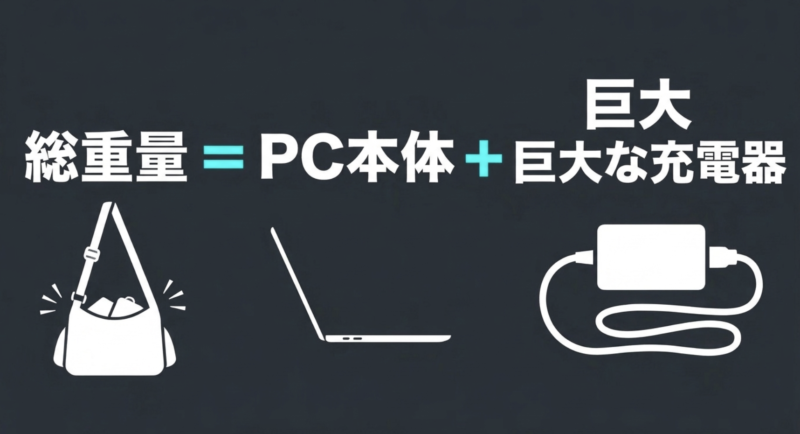 ゲーミングノートPCの持ち運び時の総重量は、PC本体に加えて巨大な充電器を含めて考える必要があることを示す図