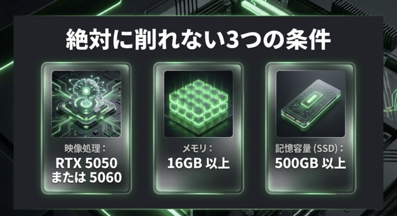 絶対に削れない3つの条件。映像処理はRTX5050または5060、メモリ16GB以上、SSD500GB以上。