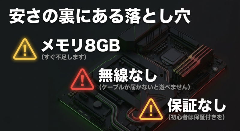 安さの裏にある落とし穴。メモリ8GB、無線LANなし、保証なしに注意。