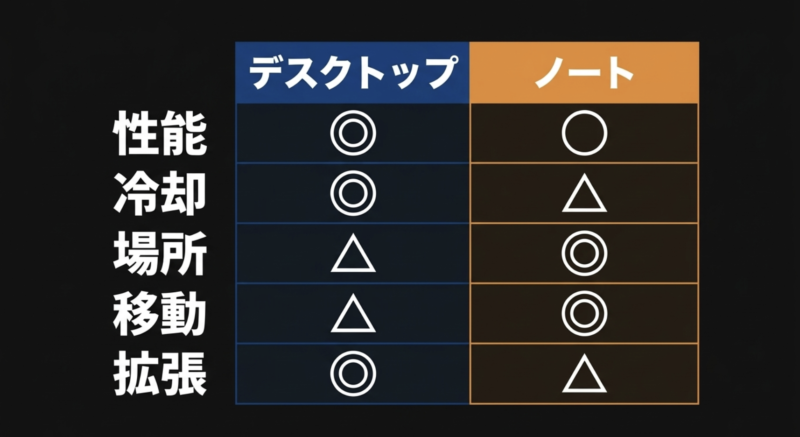 デスクトップとノートPCにおける性能、冷却、場所、移動、拡張性の比較表