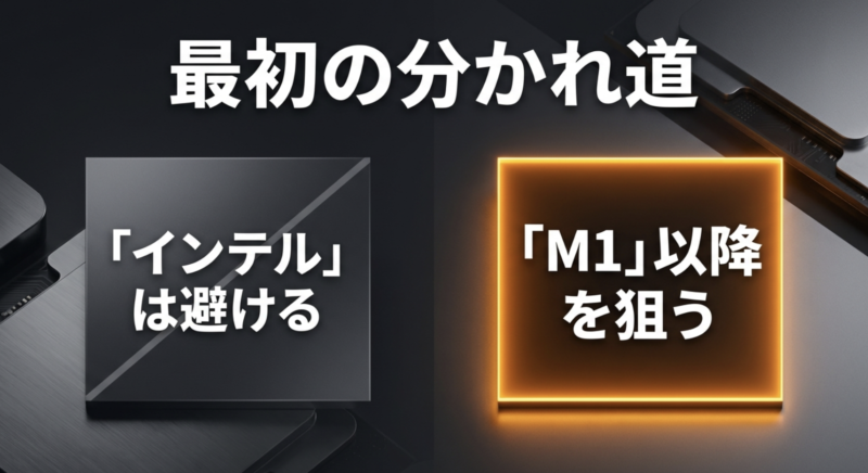 中古MacBook選びの最初の分かれ道としてインテル搭載モデルは避けM1チップ以降を狙うべきことを示す図解