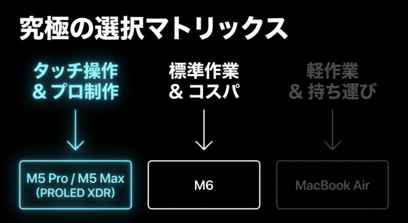 タッチ操作とプロ制作ならPROLED XDR搭載M5 Pro・M5 Max、標準作業とコスパならM6、軽作業と持ち運びならMacBook Airという用途別の選択マトリックス図