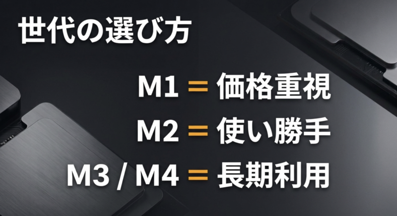 中古MacBookの世代の選び方として価格重視ならM1、使い勝手ならM2、長期利用ならM3やM4が向いていることを示す図解
