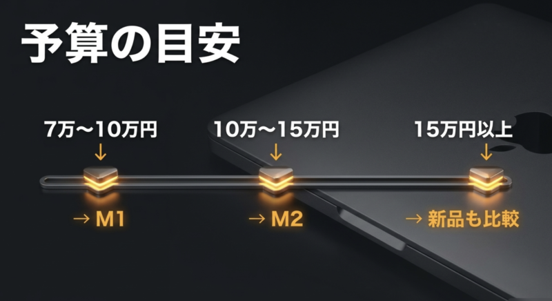 中古MacBookの予算の目安として7万から10万円はM1、10万から15万円はM2、15万円以上は新品も比較することを示す図解