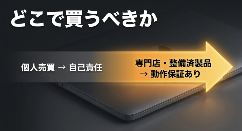 中古MacBookの購入先として個人売買は自己責任になり専門店や認定整備済製品は動作保証ありで安心できることを示す図解
