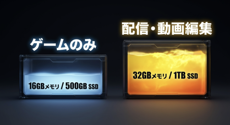 ゲームのみなら16GBメモリと500GB SSD、配信や動画編集もするなら32GBメモリと1TB SSDが目安であることを示す図