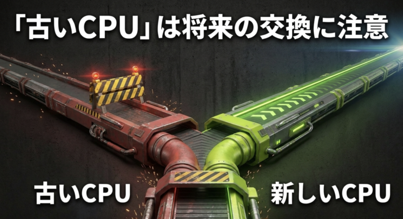 古いCPUと新しいCPUの比較と、将来の交換時の注意点を表した図解