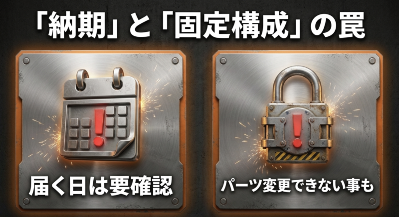 届く日やパーツ変更できない事があるなど、納期と固定構成の罠を警告するスライド