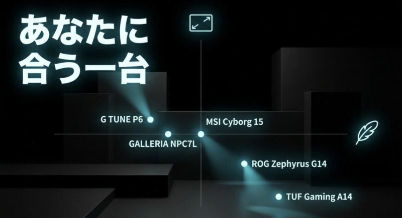 MSI Cyborg 15、GALLERIA NPC7L、ROG Zephyrus G14、TUF Gaming A14など、記事内で紹介する各モデルを並べたスライド