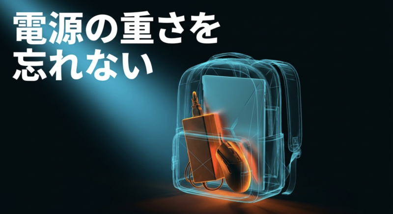 ゲーミングノートPCを持ち運ぶ際は、PC本体だけでなく電源となるACアダプターも荷物の重さに加わることを喚起するスライド