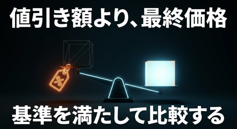 表面的な値引き額に惑わされず、メモリやSSDなど必要なスペックを満たした構成後の最終価格で比較すべきだと解説したスライド