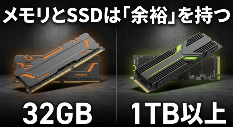 ゲーミングPCのメモリとSSDは32GB、1TB以上と余裕を持つことをおすすめする解説画像