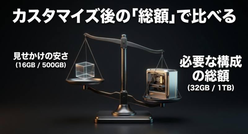 見せかけの安さではなく、メモリやSSDを必要な構成にカスタマイズした後の総額で比較することの重要性