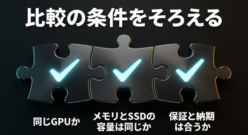 他社BTOと比較する際は、同じGPUか、メモリとSSDの容量、保証と納期などの条件をそろえる