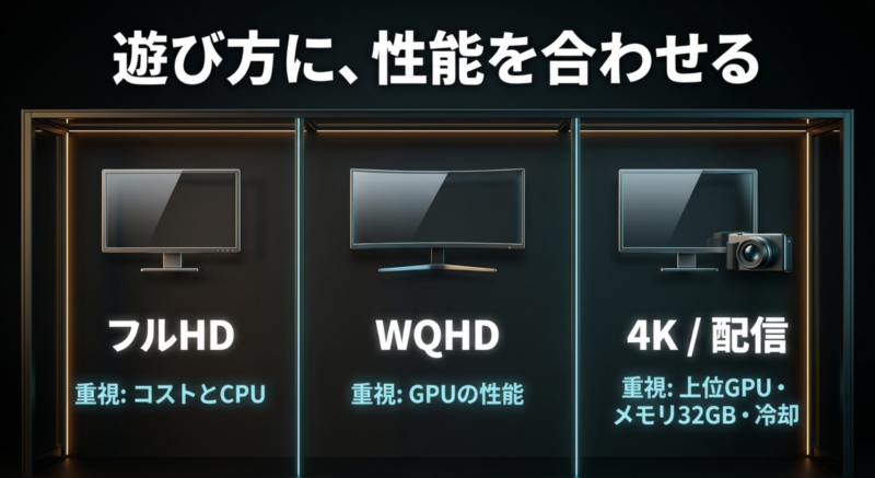 フルHD、WQHD、4Kや配信など、遊び方に合わせて重視すべきPC性能の基準