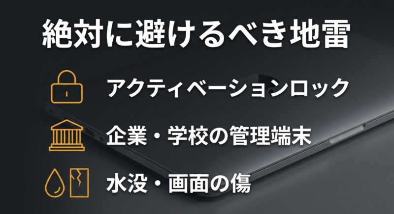 中古MacBookで絶対に避けるべき地雷としてアクティベーションロック、企業・学校の管理端末、水没・画面の傷をまとめた図解