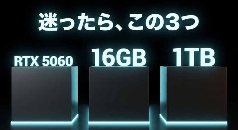 ゲーミングノートPC選びの基準となる「RTX 5060、16GBメモリ、1TB SSD」の3つのスペックを示すスライド