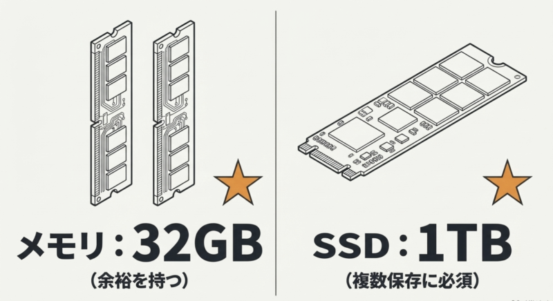 ゲーミングPCで余裕を持つためのメモリ32GBと複数ゲームの保存に必須なSSD1TBの目安イラスト
