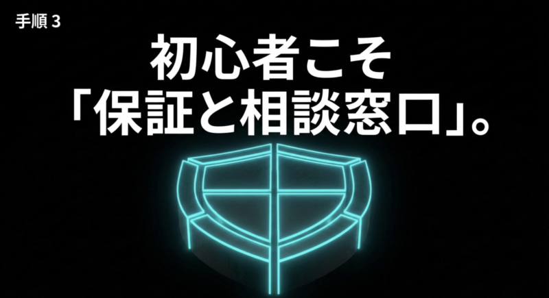 盾のアイコン。手順3 初心者こそ「保証と相談窓口」。
