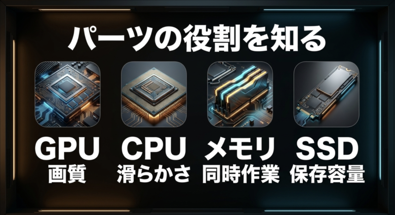 GPU(画質)、CPU(滑らかさ)、メモリ(同時作業)、SSD(保存容量)の役割
