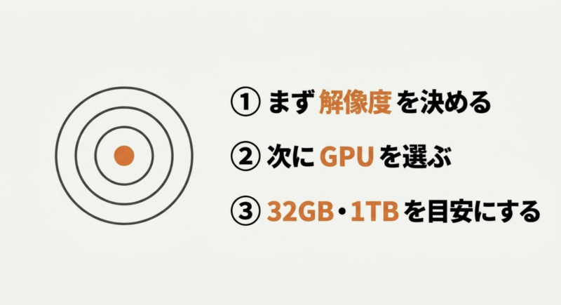 まず解像度を決め、次にGPUを選び、メモリ32GB・SSD1TBを目安にするゲーミングPC選びのまとめ図解