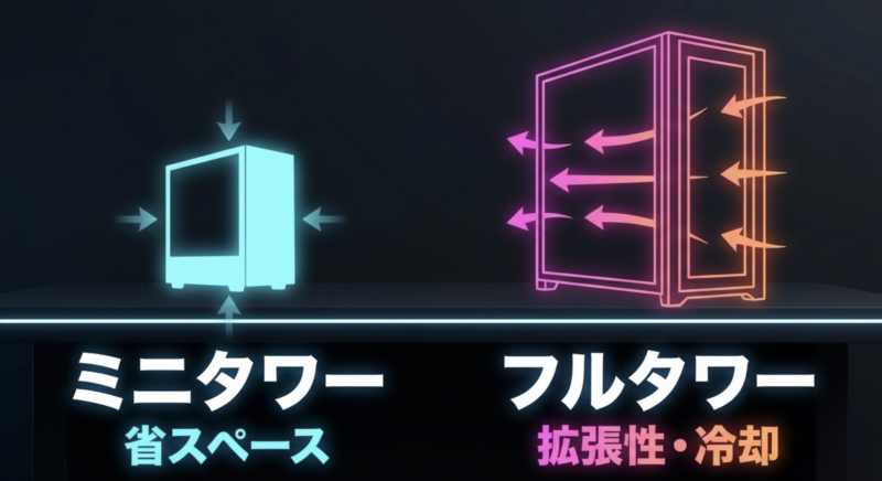 省スペースなミニタワーと、拡張性や冷却性に優れたフルタワーの比較図