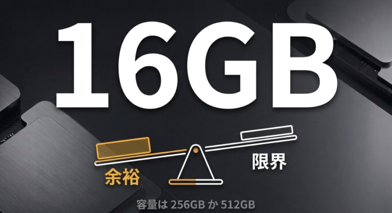 中古MacBookのスペック選びでメモリ8GBは限界があり16GBなら余裕があること、SSD容量は256GBか512GBから選ぶことを示す図解
