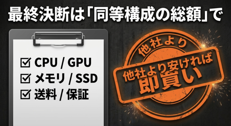 CPU、GPU、メモリ、SSD、送料、保証を他社と比較し、安ければ即買いという最終決断の基準