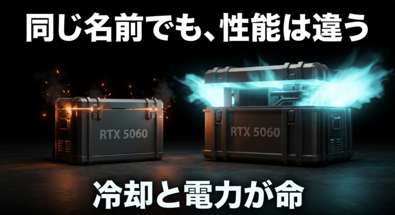 同じRTX 5060という名称でも、PC本体の冷却性能や設定電力によって実際のゲーム性能が異なることを説明したスライド