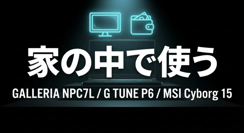 GALLERIA NPC7L、G TUNE P6、MSI Cyborg 15の3機種を「家の中で使う」用途に適したモデルとして紹介するスライド
